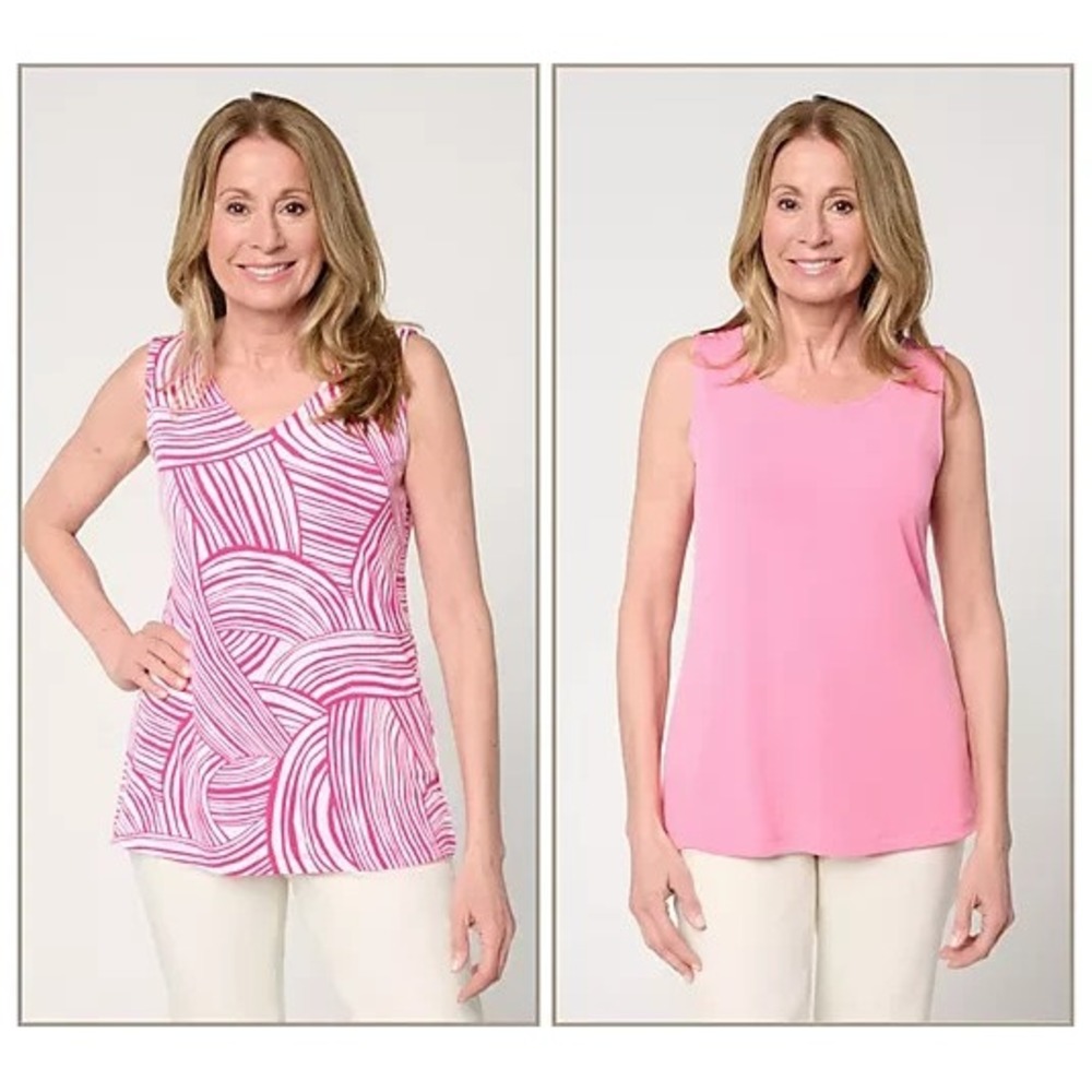 Susan Graver Print & Solid Liquid Knit Set of 2 Tank Tops Raspberry/Pink Small
